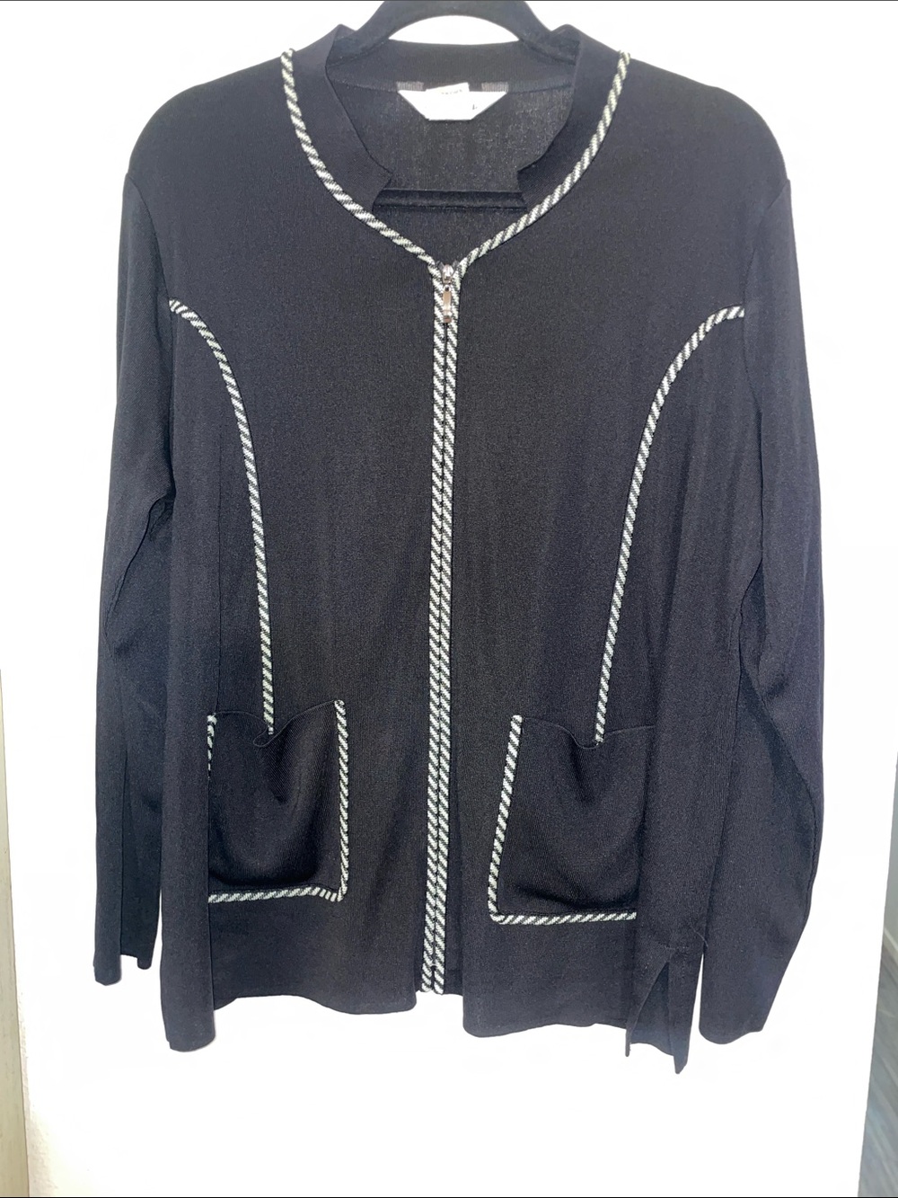 Misook Black Cardigan with White Trim Accents - Picture 1 of 4